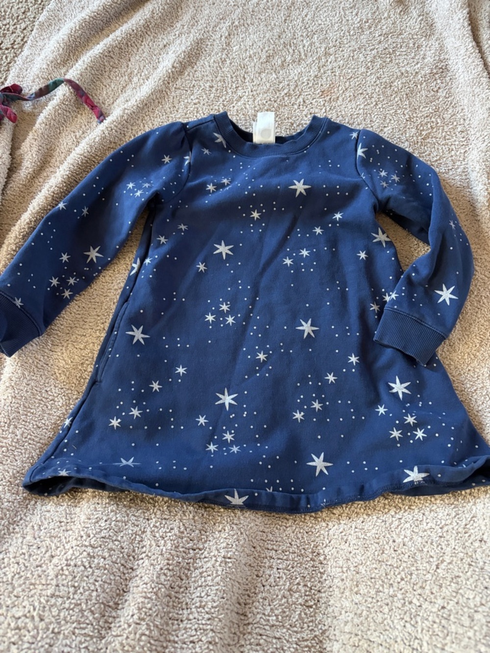 B61 Hanna Andersson 5t Cotton LS Dress, Navy w/ Silver Stars, EUC